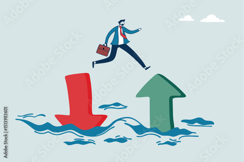 Financial plan, saving and investment or stock market rebound and economic recover concept, confidence businessman investor jump from red pointing down arrow to green rising up.