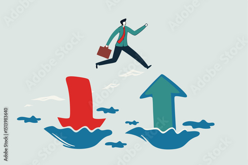 Financial plan, saving and investment or stock market rebound and economic recover concept, confidence businessman investor jump from red pointing down arrow to green rising up.