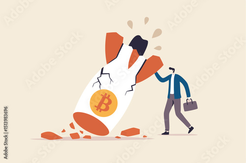 Bitcoin price collapse, crypto currency volatility price roaring fast and fall down causing investor huge loss concept, sad bankrupt businessman with crash fall down rocket with bitcoin symbol.