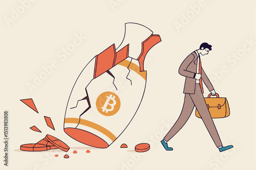 Bitcoin price collapse, crypto currency volatility price roaring fast and fall down causing investor huge loss concept, sad bankrupt businessman with crash fall down rocket with bitcoin symbol.