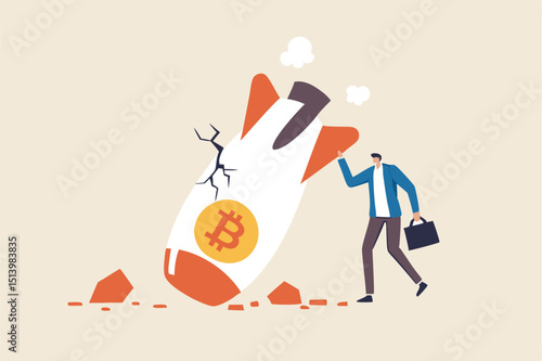 Bitcoin price collapse, crypto currency volatility price roaring fast and fall down causing investor huge loss concept, sad bankrupt businessman with crash fall down rocket with bitcoin symbol.