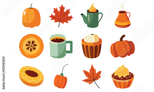Festive and colorful autumn illustrations featuring pumpkins leaves and seasonal treats perfect for fall