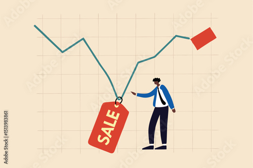 Stock market is on sale when market plunge in economic crisis, buy point to make profit in long run concept, businessman investor expertise pointing at lowest with sale price tag on stock market graph
