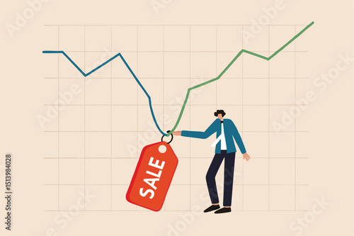 Stock market is on sale when market plunge in economic crisis, buy point to make profit in long run concept, businessman investor expertise pointing at lowest with sale price tag on stock market graph