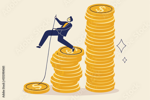 Financial goal, income, salary and career path, investor risk to make profit or savings to reach financial independence concept, businessman trying hard climbing rope to reach top of money coins stack