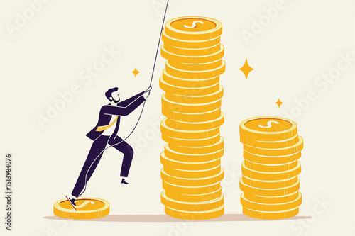 Financial goal, income, salary and career path, investor risk to make profit or savings to reach financial independence concept, businessman trying hard climbing rope to reach top of money coins stack
