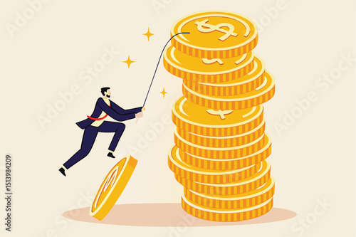 Financial goal, income, salary and career path, investor risk to make profit or savings to reach financial independence concept, businessman trying hard climbing rope to reach top of money coins stack