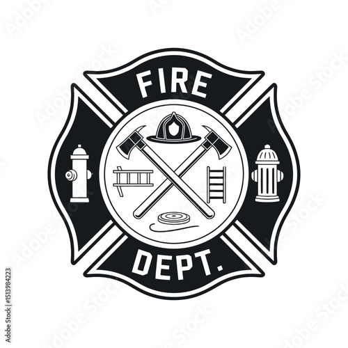 Fire Department Maltese Cross Emblem with Axes Helmet Hydrants Ladders and Hose in Black and White Vector Illustration