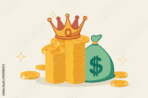 Cash is king, money is the best value in crisis or investor prepare cash to buy stock in economic crisis concept, stack of money dollar coins and money bag with precious king golden crown.