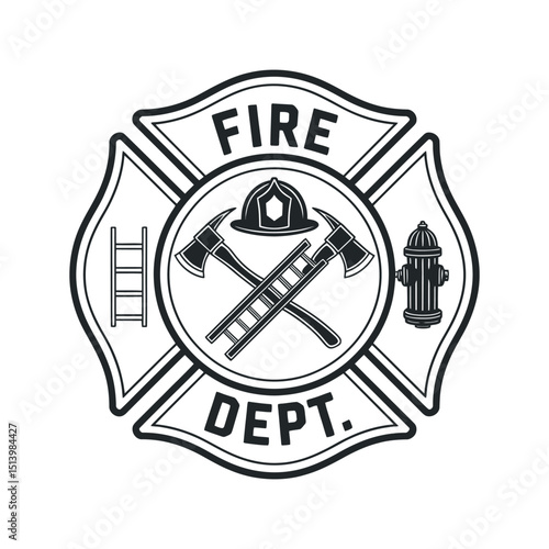 Monochrome Fire Department Maltese Cross Emblem with Ladder Axes Helmet and Hydrant for Firefighter Symbolism and Emergency Services