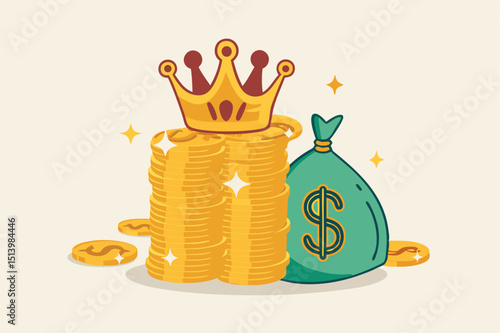 Cash is king, money is the best value in crisis or investor prepare cash to buy stock in economic crisis concept, stack of money dollar coins and money bag with precious king golden crown.