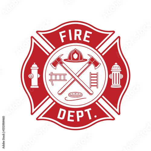 Fire Department Maltese Cross Emblem with Axes Helmet Hydrant and Ladder in Red and White Color Scheme on White Background