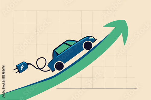 Electric car stock pice soaring, EV, electric vehicle earning and profit increase in new economy stock market concept, Electric car with plug-in cruising on rising up green stock market arrow graph.