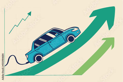 Electric car stock pice soaring, EV, electric vehicle earning and profit increase in new economy stock market concept, Electric car with plug-in cruising on rising up green stock market arrow graph.