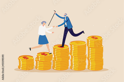 Retirement saving or investment pension fund, planning for wealth and expense for living after retire concept, happy rich elderly couple old man and woman walking on stack of growth money coins saving