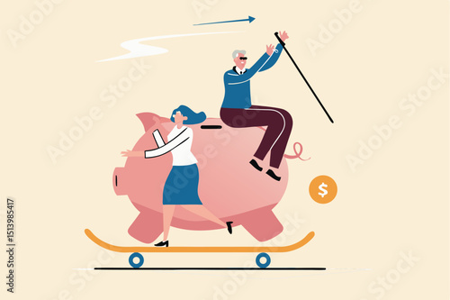 Retirement planning, success investment in 401K, Roth IRA or retirement pension fund concept, happy elderly couple senior man riding huge piggy bank with his wife on fast growth skate board.