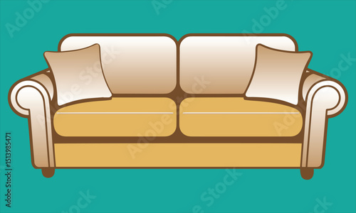 Vector illustration of a comfortable two seater sofa with cushions and decorative arms