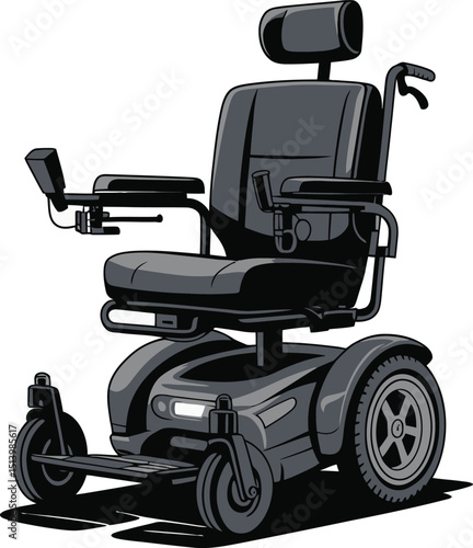 Vector illustration of a modern power wheelchair in shades of gray on white.