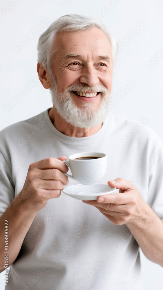Joyful elderly man with a beaming smile holds a steaming cup of coffee, radiating warmth and contentment, embodying a picture of serene happiness and simple pleasures in later life . Joyful elderly man with a beaming smile holds a steaming cup of coffee, radiating warmth and contentment, embodying a picture of serene happiness and simple pleasures in later life .