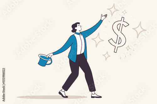 Easy money, surprise stock profit investment, magical to be rich success financial saving concept, smart businessman performing wizard show by pulling money dollar sign with rabbit ear from magic hat.