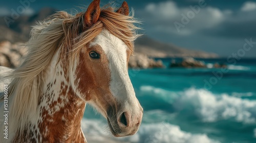 Wallpaper Mural Horse stands on the beach with ocean waves crashing in the background during a sunny day Torontodigital.ca