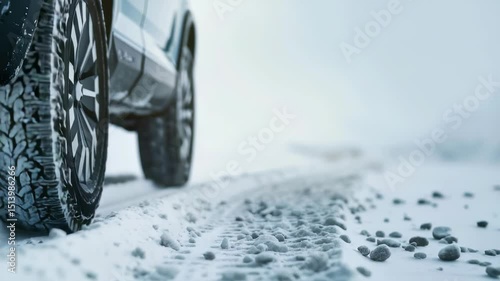 Vehicle on snowy road. Winter tires provide traction on icy surfaces, showcasing safe driving in challenging weather conditions. Tire treads grip the snow.