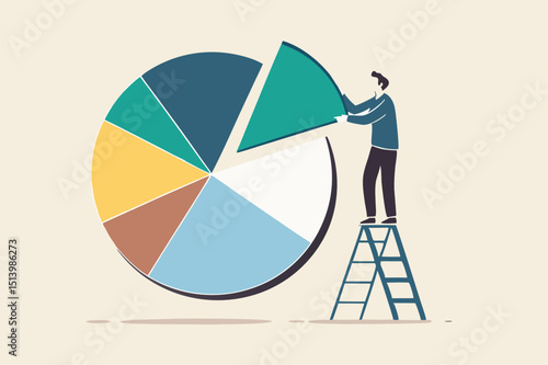 Investment asset allocation and rebalance concept, businessman investor or financial planner standing on ladder to arrange pie chart as rebalancing investment portfolio to suitable for risk and return