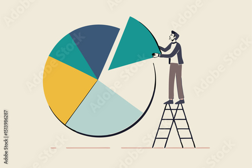 Investment asset allocation and rebalance concept, businessman investor or financial planner standing on ladder to arrange pie chart as rebalancing investment portfolio to suitable for risk and return