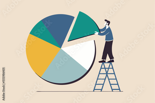 Investment asset allocation and rebalance concept, businessman investor or financial planner standing on ladder to arrange pie chart as rebalancing investment portfolio to suitable for risk and return