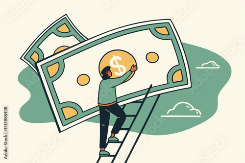 Ladder of success in financial freedom, climbing up to reach saving and investment target concept, confidence businessman climbing ladder high in the sky to get into money dollar banknote heaven.