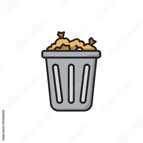 Trash bin filled with garbage in a simple graphic style  on a transparent background icon