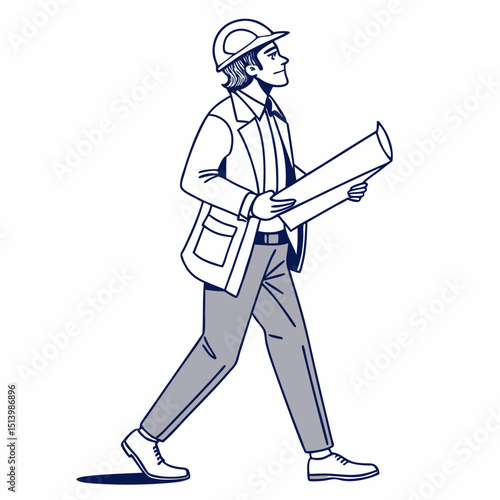 Construction engineer walking while holding blueprints in uniform  