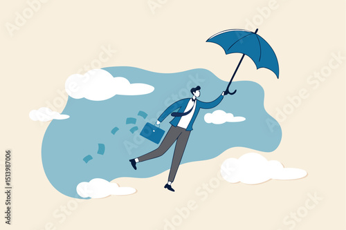 Success businessman get rich, office worker achieve financial independence and quit routine job concept, happy wealthy businessman flying with his umbrella holding briefcase with money banknote.