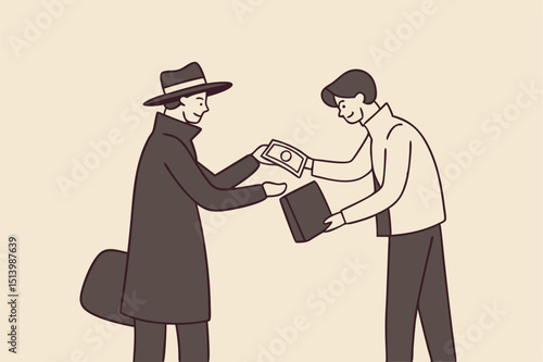 Fraudulent business, bribery, cheat and corruption or hacker who steal data and sell it on dark web concept, anonymous criminal guy with a lot of money buying stolen thing from other suspicious thief.