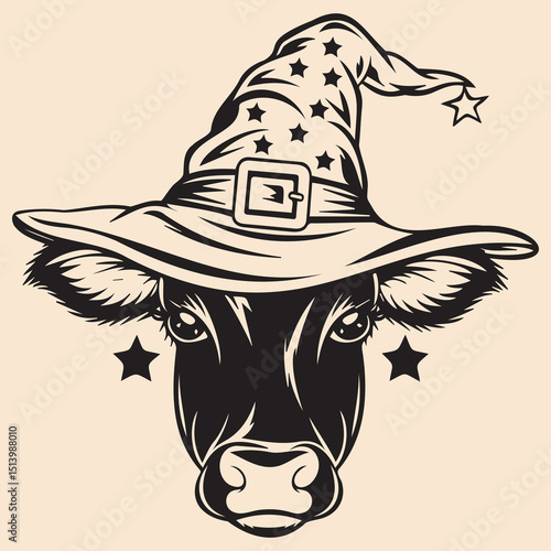 Whimsical Cow Wearing Wizard Hat with Star Accents for Fantasy and Halloween Designs