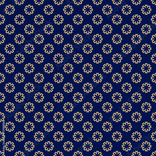 Simple geometric floral ornament. Abstract vector seamless pattern with small golden flower silhouettes. Luxury background. Dark blue and gold minimal texture. Repeated design for decor, wallpapers