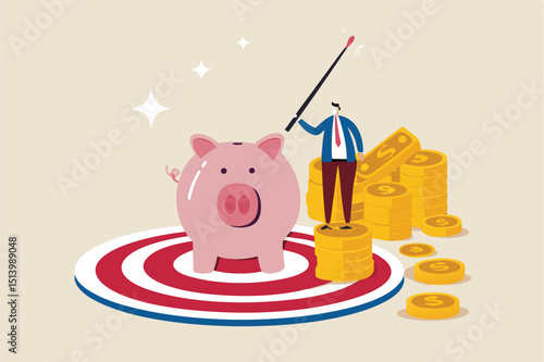 Financial goal or target, success in saving and investment or achieve finance independence concept, happy businessman investor holding arrow on stack of coins with piggy bank on bullseye dartboard.