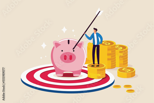 Financial goal or target, success in saving and investment or achieve finance independence concept, happy businessman investor holding arrow on stack of coins with piggy bank on bullseye dartboard.
