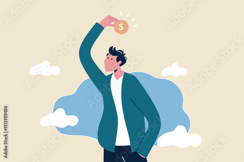 Pay yourself first, invest in yourself, take money for personal savings before pay for debt or buy and spending concept, smart young adult man putting money dollar coins into piggy bank on his head.