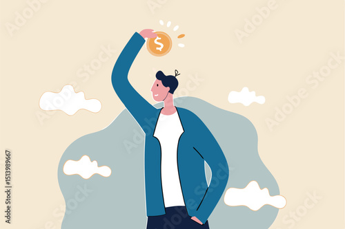 Pay yourself first, invest in yourself, take money for personal savings before pay for debt or buy and spending concept, smart young adult man putting money dollar coins into piggy bank on his head.