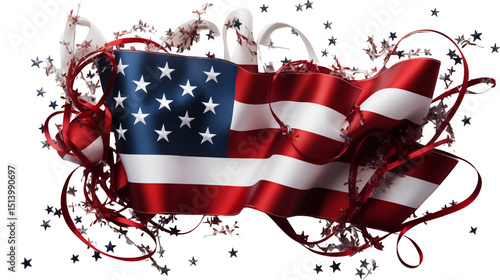 Festive American flag with stars and ribbons, July 4th celebration, patriotic red white blue background, isolated on transparent background.