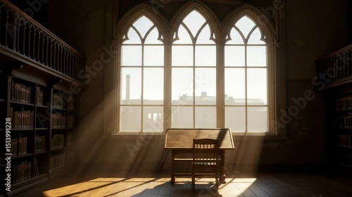 Wallpaper Mural Sunlight streams through large arched window of old university library onto single empty wooden study carrel   Torontodigital.ca