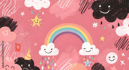 Happy Clouds, Rainbow, and Stars A Cheerful Illustration