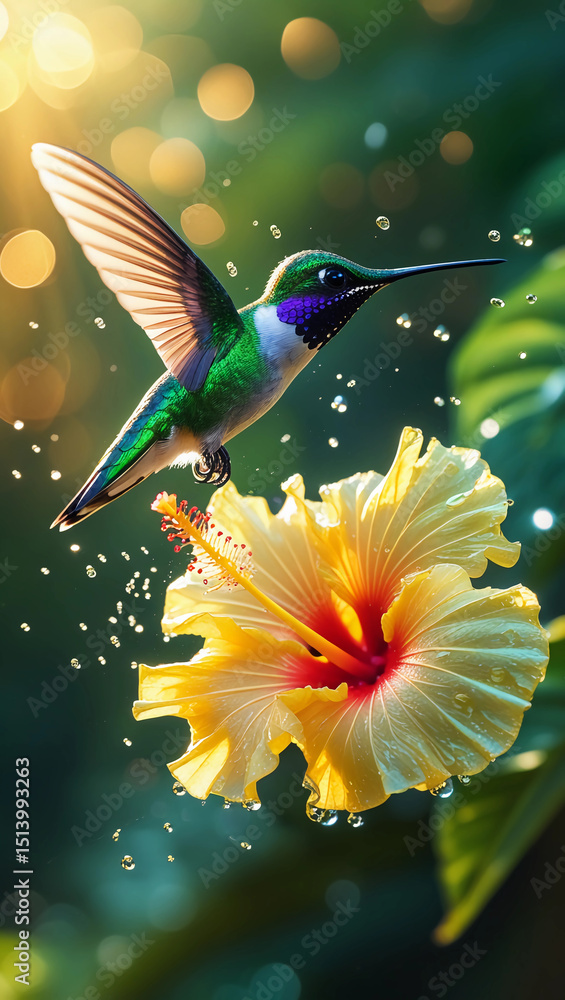 Hummingbird and Hibiscus Harmony: A dazzling hummingbird hovers near a vibrant yellow hibiscus flower, captured in a moment of nature's beauty. The scene is lit with soft, ethereal light. Hummingbird and Hibiscus Harmony: A dazzling hummingbird hovers near a vibrant yellow hibiscus flower, captured in a moment of nature's beauty. The scene is lit with soft, ethereal light.