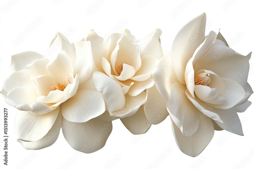 Fototapeta premium A group of delicate white gardenia flower heads isolated against a transparent background for elegant graphics