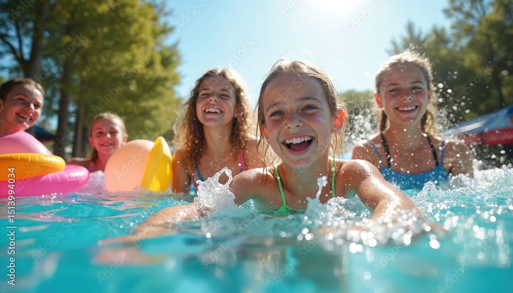 Group young happy girls playing swimming pool on summer vacation. Kids friends having fun. Water splash, sun light. Cheerful moments on holiday. Active lifestyle. Concept of fun joy. Group young happy girls playing swimming pool on summer vacation. Kids friends having fun. Water splash, sun light. Cheerful moments on holiday. Active lifestyle. Concept of fun joy.