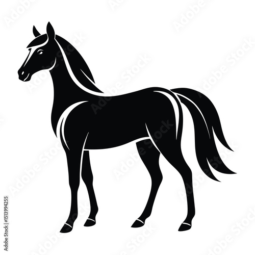 Elegant Black Horse Silhouette Standing on White Background in Vector Format