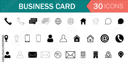 Set of 30 Business Card Icons – Minimal Line Style Contact and Identity Symbols