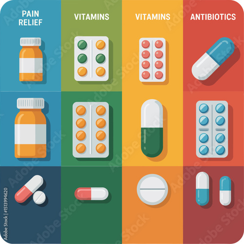 Organized Flat Lay of Pain Relief, Vitamins, and Antibiotics in Colorful Layout.