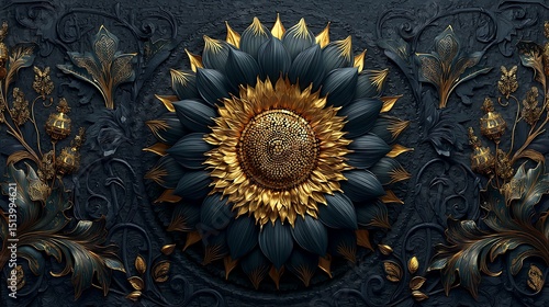 Ornate sunflower artwork in rich dark theme high resolution image